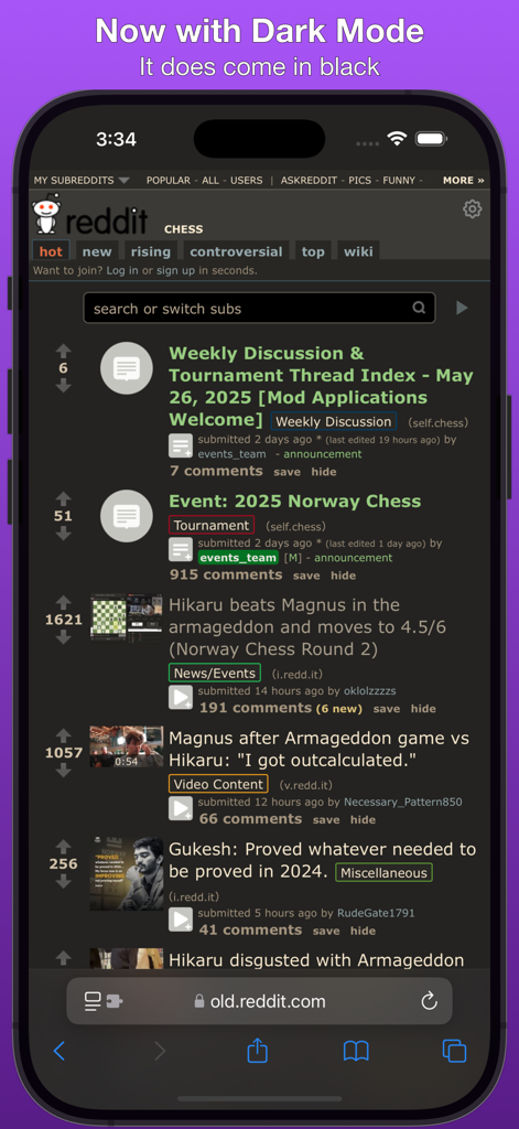 Yesterday For Old Reddit - The Old Reddit interface shown in dark mode on a mobile device.