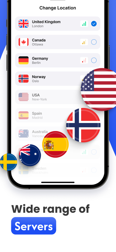VPN NovaLink - Mobile App-Bildschirm mit verschiedenen globalen VPN-Serverstandorten und Länderflaggen.