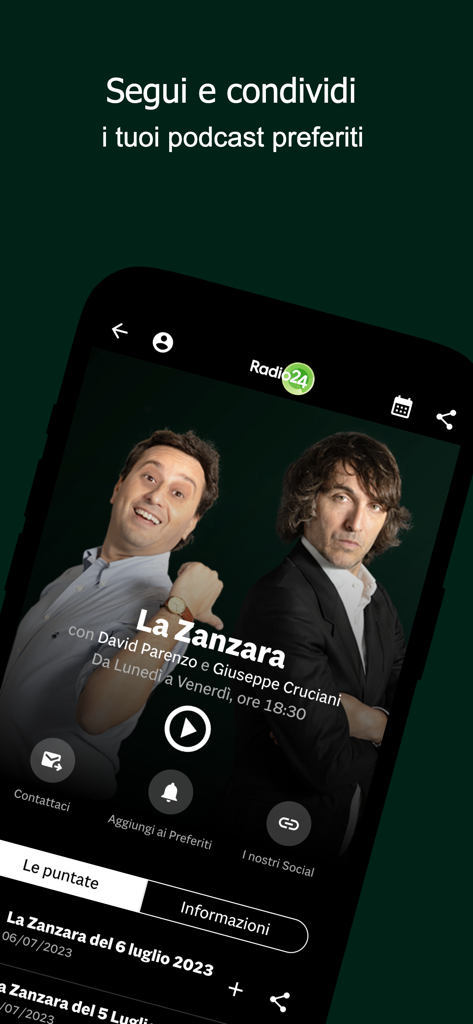 Radio 24 app interface showing the La Zanzara podcast episode list and playback options