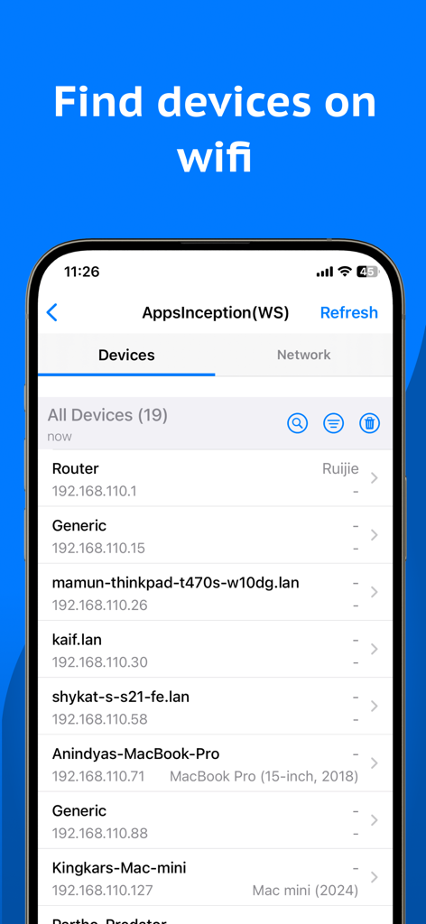 Lista de dispositivos conectados en una red WiFi con direcciones IP en la aplicación Network Analyzer