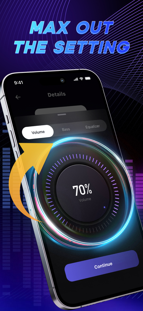 Interface do aplicativo Max Volume mostrando um mostrador circular para aumentar o volume do telefone para 70 por cento.