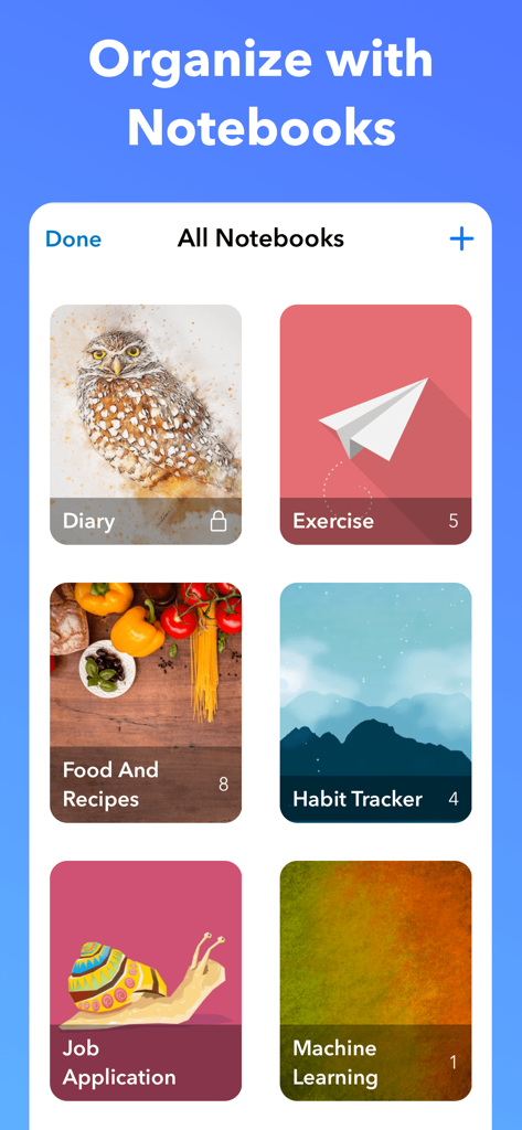 A grid of notebooks in UpNote showing personalized covers for Diary, Exercise, and Habit Tracker