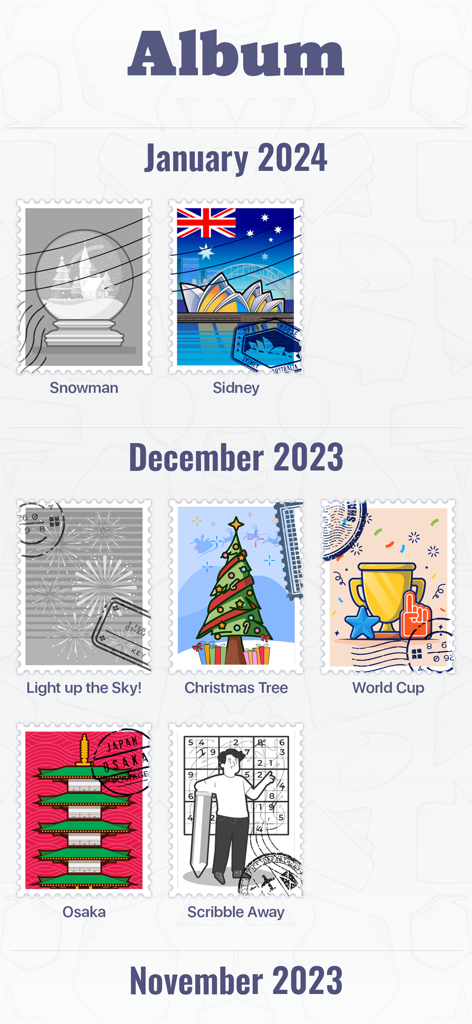 Sudoku Multiplayer Challenge - Álbum de logros que muestra sellos coleccionados mensualmente en el juego de Sudoku.