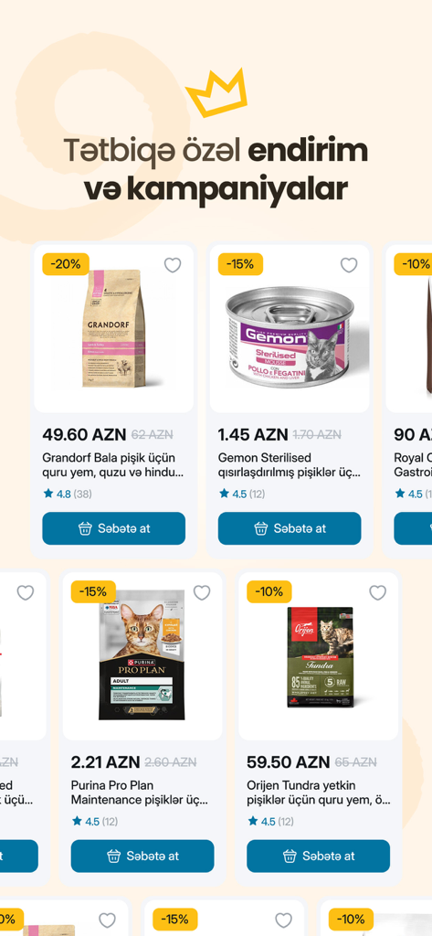 Biopet Shop - Online Zoomağaza - Application mobile Biopet Shop montrant des remises spéciales et des produits d'aliments pour animaux