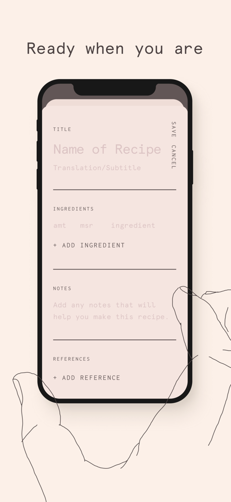 iPhone display showing the minimalist recipe entry screen in the Mise app