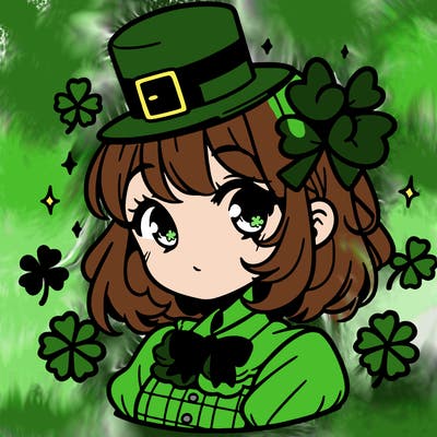 a manga-style girl with clovers around her, a little hat in her hair, like it's saint patrick's day