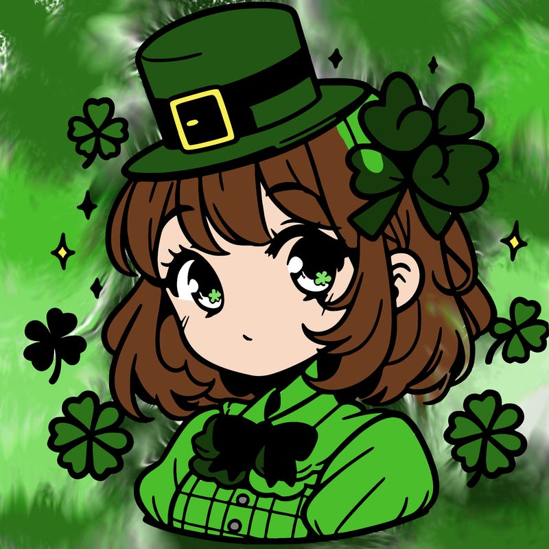 a manga-style girl with clovers around her, a little hat in her hair, like it's saint patrick's day