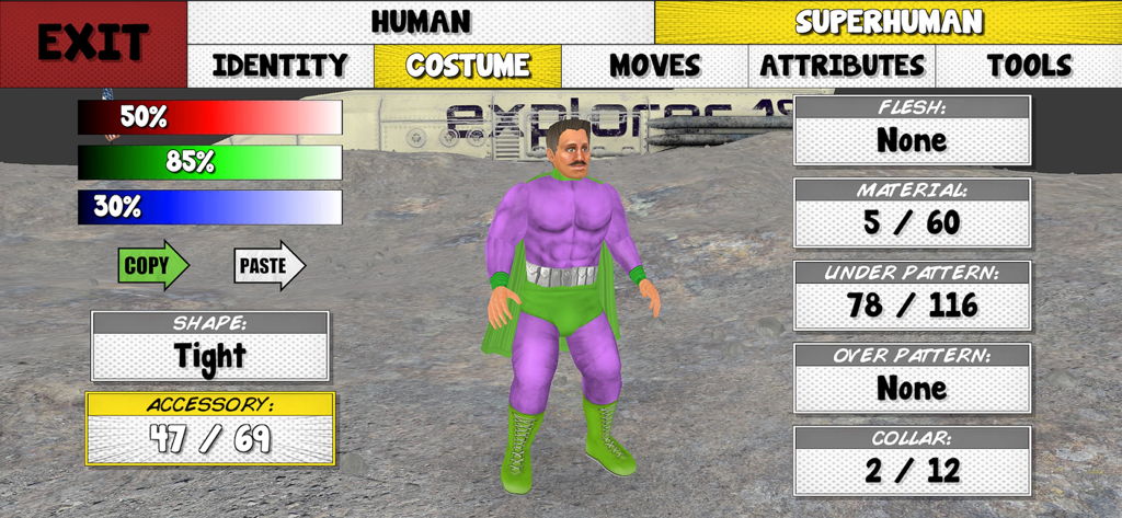 Infinite Lives - Una pantalla de personalización de personajes en Infinite Lives donde los jugadores pueden editar trajes y atributos de superhéroes.