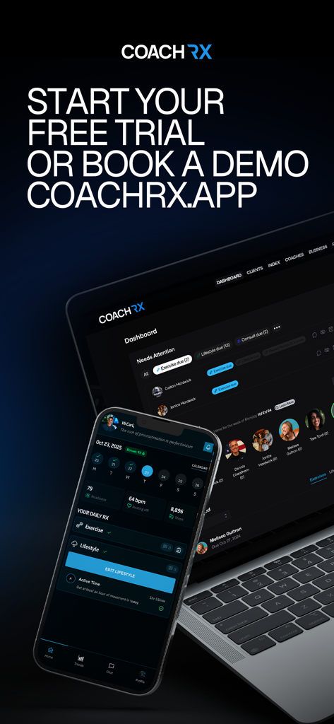 CoachRx fitness coaching app displaying the professional dashboard on a laptop and a daily workout tracker on a smartphone