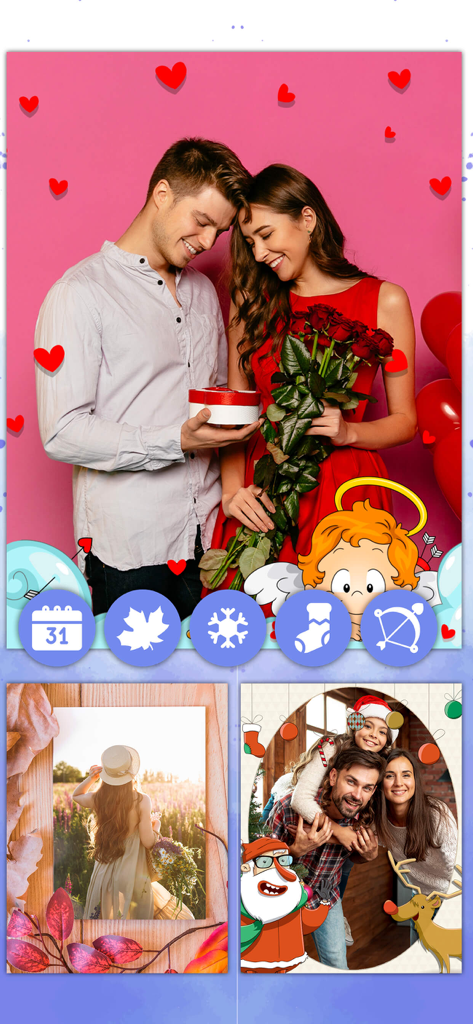 App interface showing themed photo frames for romantic seasonal and family memories