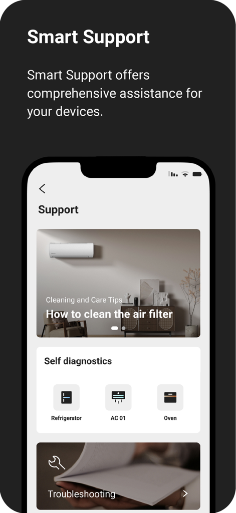 ConnectLife app smart support screen showing appliance self diagnostics and maintenance tips