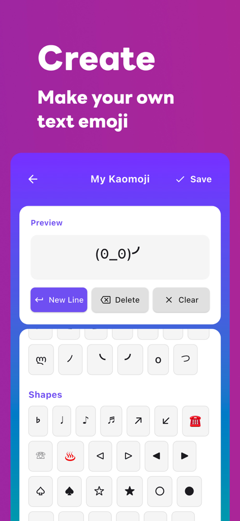 Kaomoji – Kawaii Emoji App - Interface for creating personalized Japanese text emojis using a variety of symbols and shapes