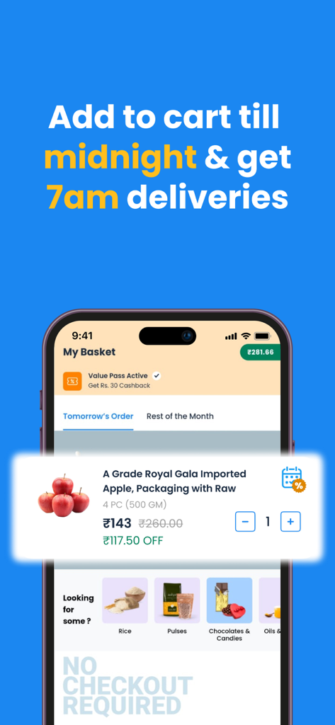 Milkbasket: Grocery Delivery - Milkbasket app interface for midnight grocery ordering and early morning delivery