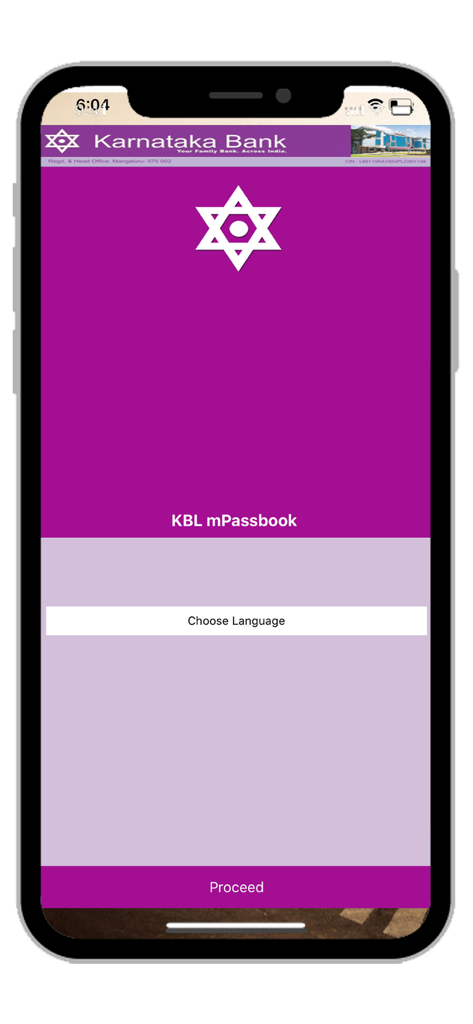KBL mPassbook - Splash screen of the KBL mPassbook app by Karnataka Bank showing the language selection menu and proceed button