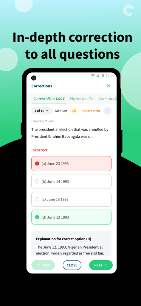 Class54 - JAMB CBT 2026 - Una captura de pantalla de la aplicación Class54 que muestra una pregunta de examen de práctica con una corrección detallada y explicación de la respuesta correcta.