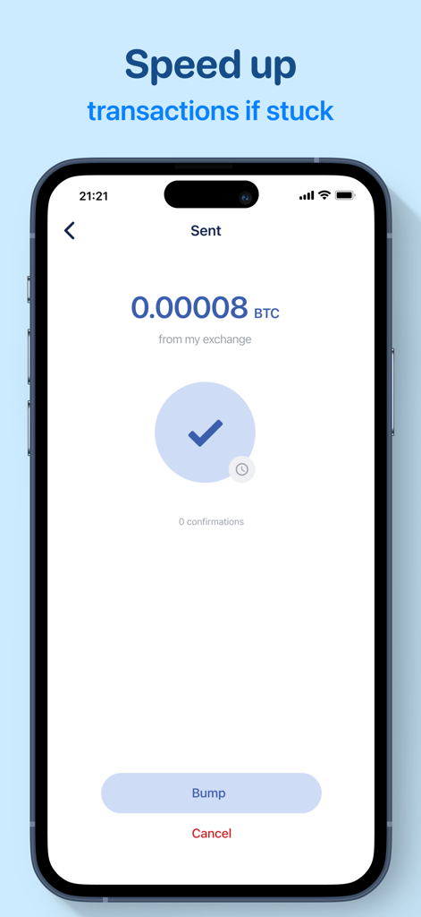 BlueWallet - Bitcoin wallet - BlueWallet interface showing the Replace By Fee feature with a bump button to speed up a Bitcoin transaction.