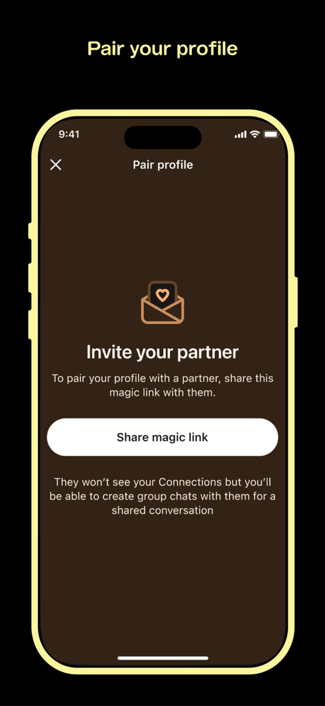 Nymph dating app interface for pairing profiles and inviting a partner