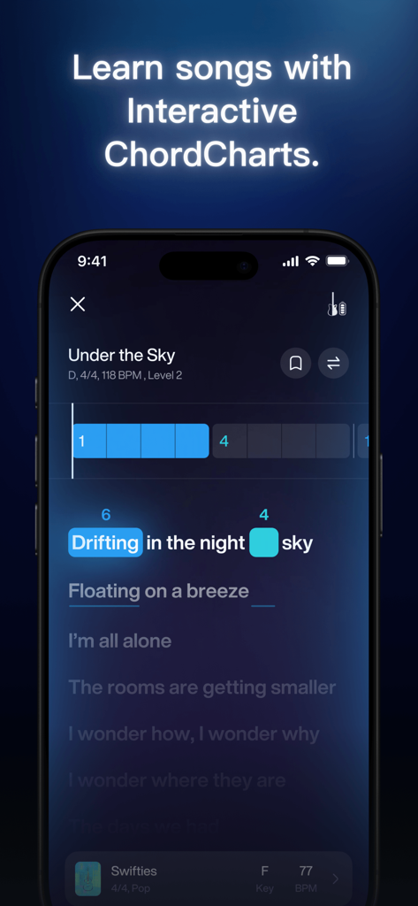 LAVA plus app interface showing interactive guitar chord charts and song lyrics