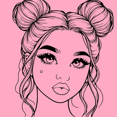 realistic girl with two buns on her hair and lips