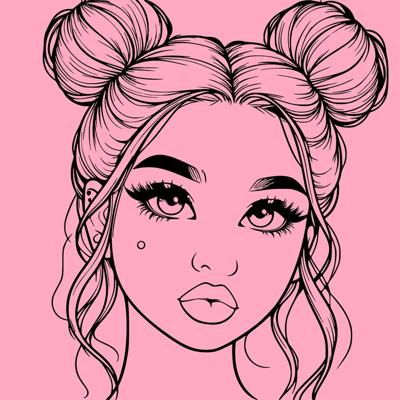 realistic girl with two buns on her hair and lips