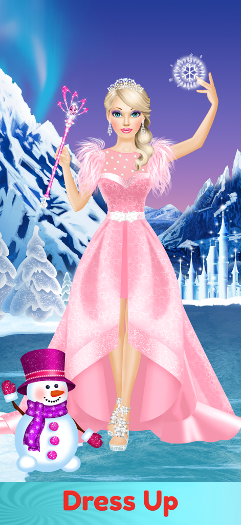 Dress Up & Makeup Girl Games - Un personaje rubio vestido como una reina de hielo con un vestido rosa sosteniendo una varita mágica junto a un muñeco de nieve