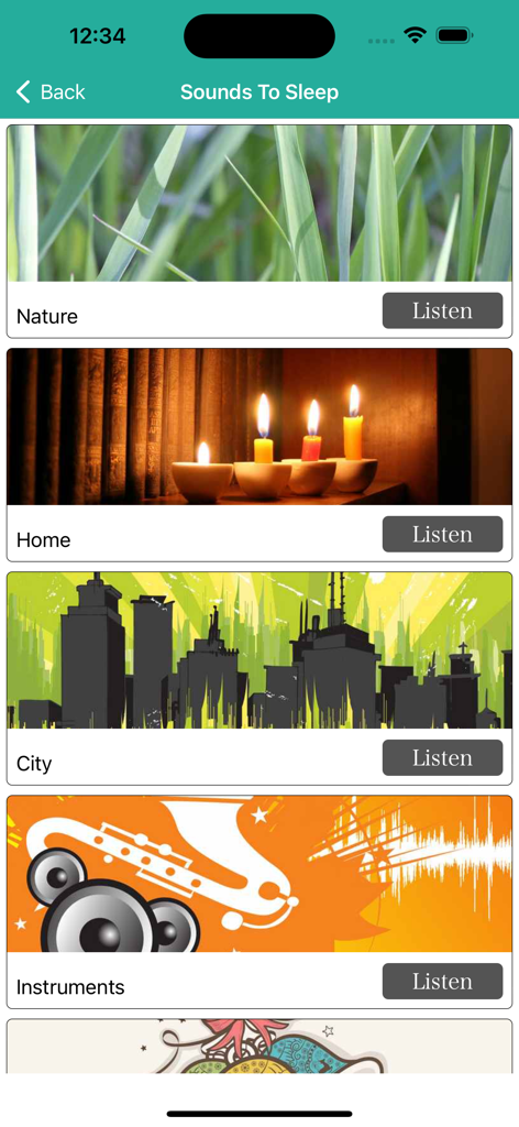 Interface of the Music To Sleep app showing sound categories for Nature Home City and Instruments