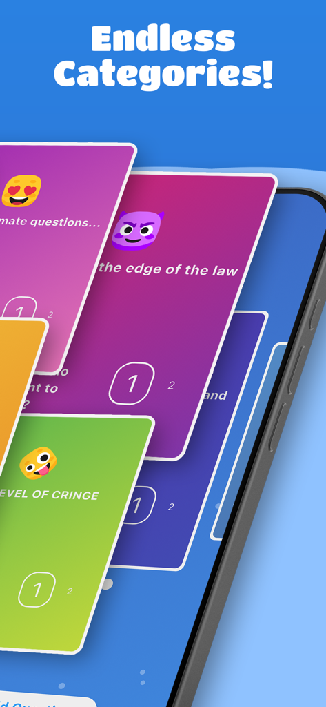Most Likely To - Party App - Interfaz de la aplicación Most Likely To party mostrando múltiples tarjetas coloridas de categorías de juego como Nivel de Vergüenza y al borde de la ley