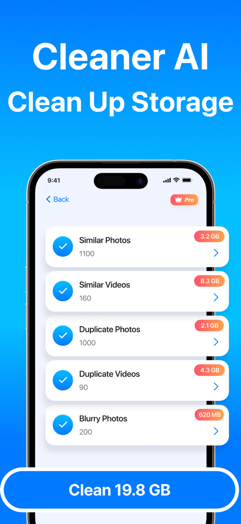 Safe Cleaner: Clean My Phone - Safe Cleaner app interface showing AI storage cleanup for similar photos and duplicate videos on iPhone