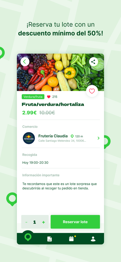 Coometas - Coometas mobile app showing a product page for a discounted fruit and vegetable surplus lot from a local grocery store