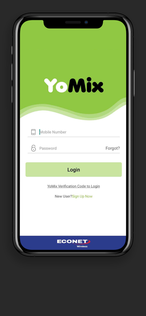 Econet YoMix - Login screen of the Econet YoMix app with fields for mobile number and password