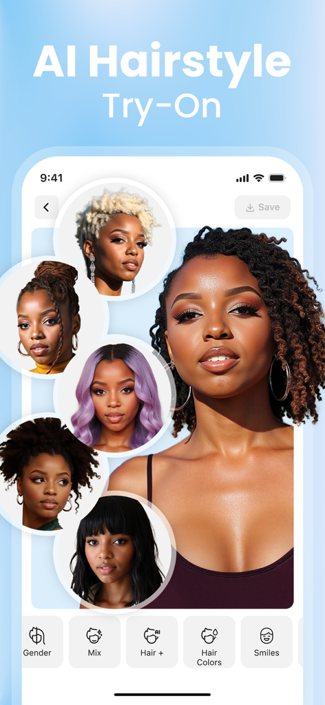 Interfaz de la aplicación AI Hairstyle Try On mostrando a una mujer probando varios colores y texturas de cabello a través de filtros realistas