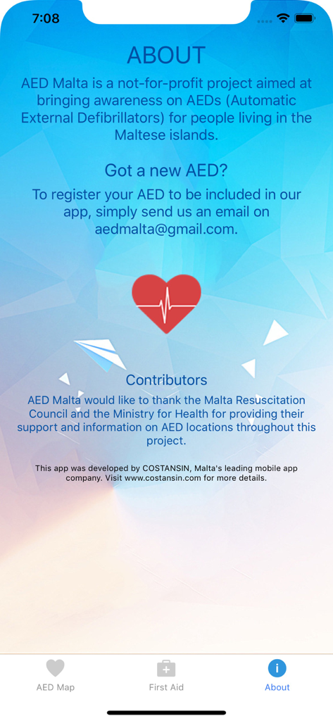 The About screen of the AED Malta app showing information about the project and its contributors.