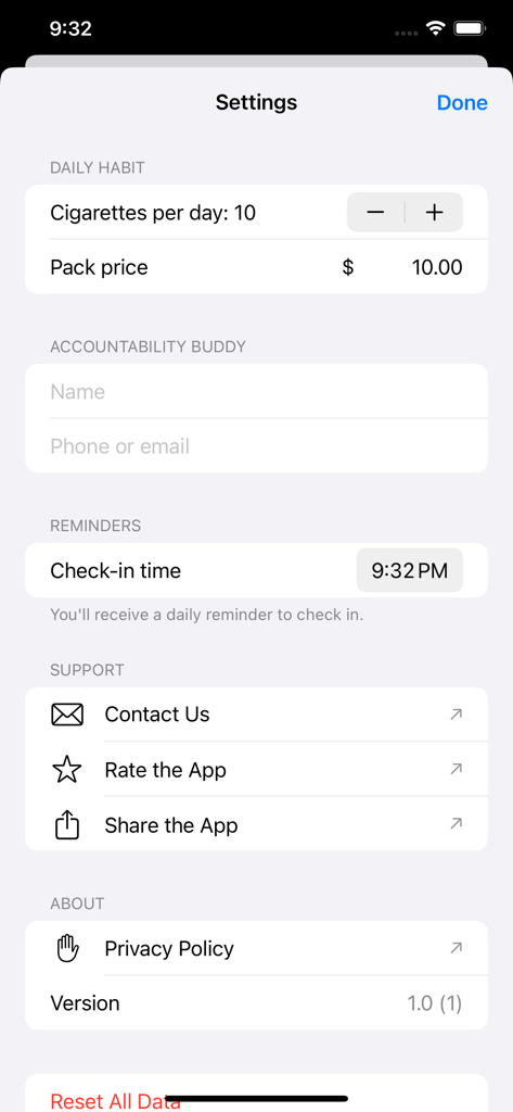 Écran des paramètres de l'application Quit Smoking Buddy montrant les options de suivi des habitudes de cigarette et de configuration du partenaire de responsabilisation.