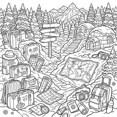 Get ready for an exciting winter escape with this intricate coloring page, bustling with all the essentials for a snowy vacation. From towering mountains to cozy igloos and an abundance of travel gear, it's an invitation to color your dream frosty adventure.