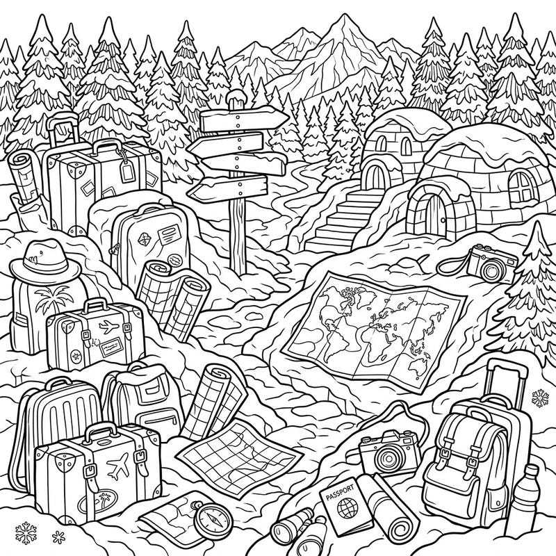 Get ready for an exciting winter escape with this intricate coloring page, bustling with all the essentials for a snowy vacation. From towering mountains to cozy igloos and an abundance of travel gear, it's an invitation to color your dream frosty adventure.