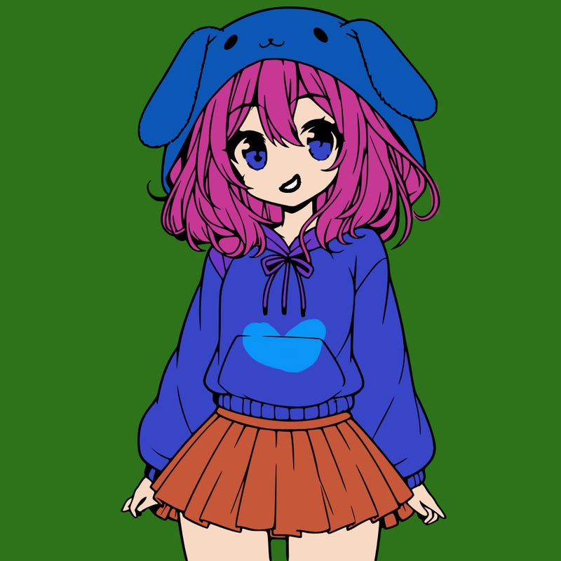 pretty anime girl wearing a fluffy hoodie with bunny ears on the hood and a skirt