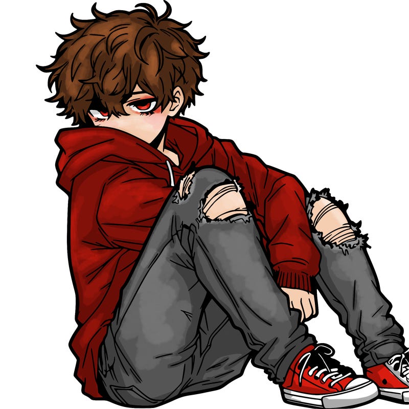 a male hoddie ripped jeans messy hair anime