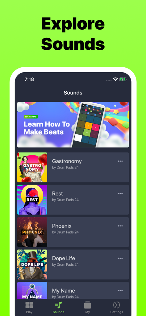 Interfaz de la app Trap Drum Pads 24 mostrando la biblioteca de exploración de sonidos con varios paquetes de sonido y un banner de tutorial de creación de ritmos.