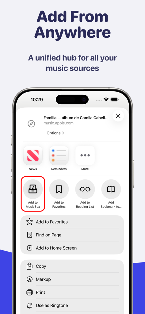 MusicBox: Catalog and Organize - Pantalla de iPhone que muestra la acción de añadir MusicBox dentro de la hoja de compartir de iOS