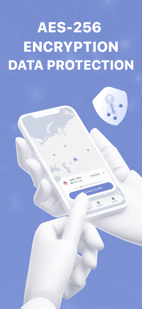 Rob VPN: Proxy master - Rob VPN mobile app interface showing AES-256 encryption for data protection