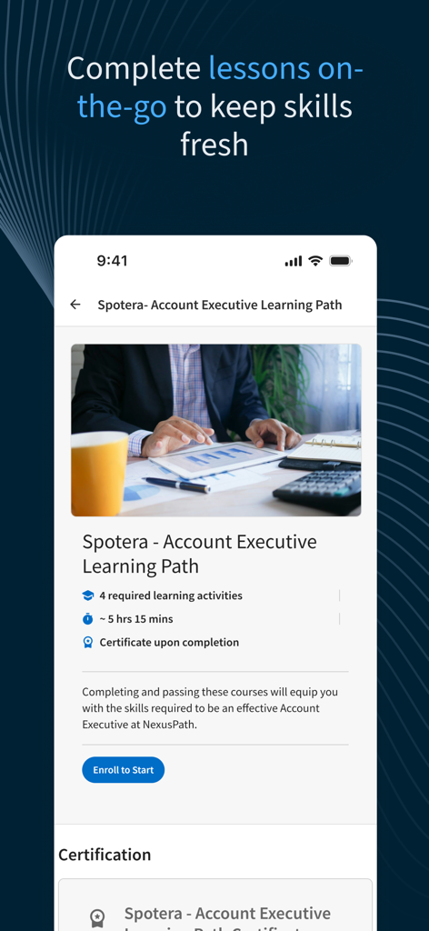 Highspot-Mobil-App-Oberfläche, die einen Lernpfad für Account Executives für den Verkaufsschulung unterwegs anzeigt.