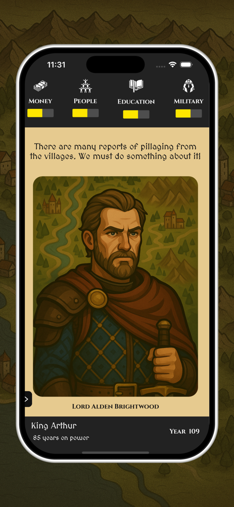 Kingdom Throne Simulator - Lord Alden Brightwood reporting village pillaging in a Kingdom Throne Simulator game screen