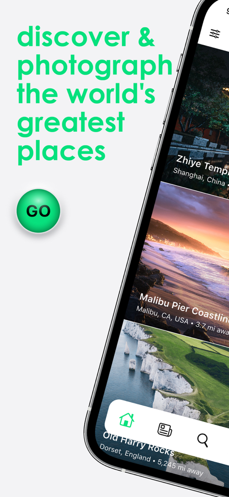 Explorest app home screen displaying global photography locations like Malibu and Shanghai