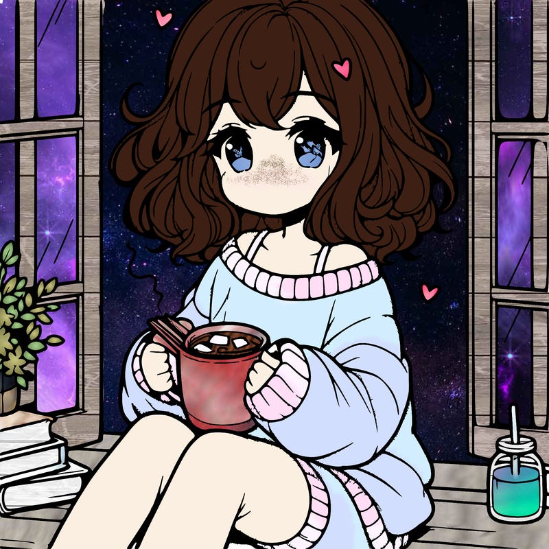 cute anime girl reading book and drinking hot chocolate from mug with loose wavy hair wearing a baggy sweatshirt and shorts sitting by windowsill looking out