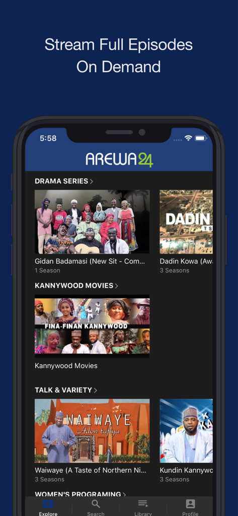 AREWA24 ON DEMAND app interface featuring Hausa drama series and movies.