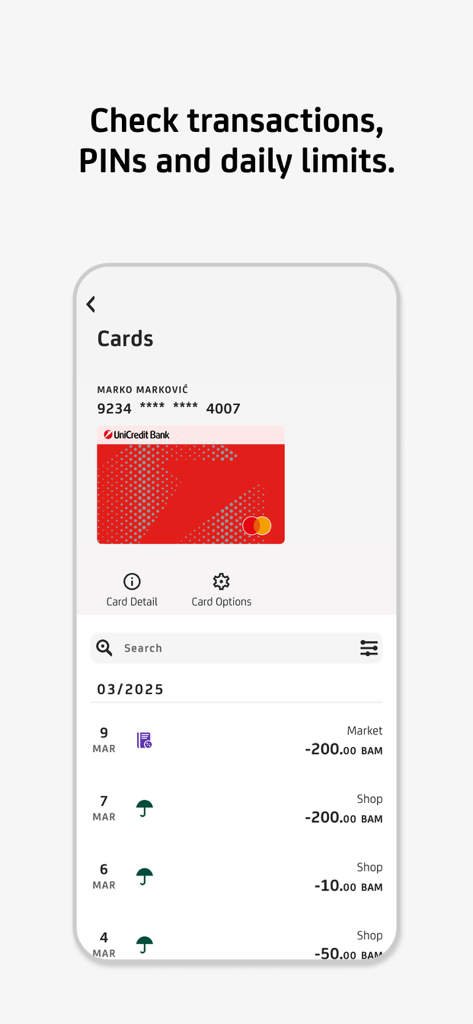 m-ba - UniCredit Bank m-ba app interface displaying card details and transaction history
