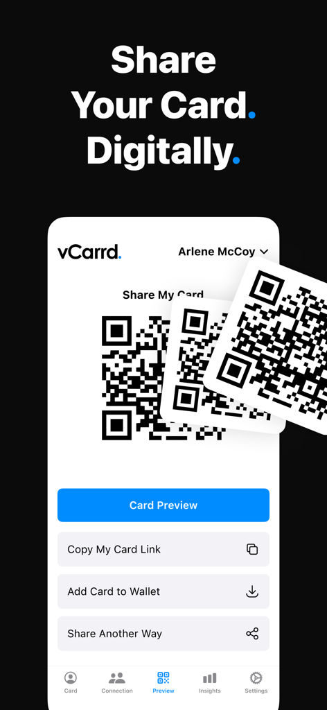 vCarrd app interface for sharing a digital business card with QR codes.