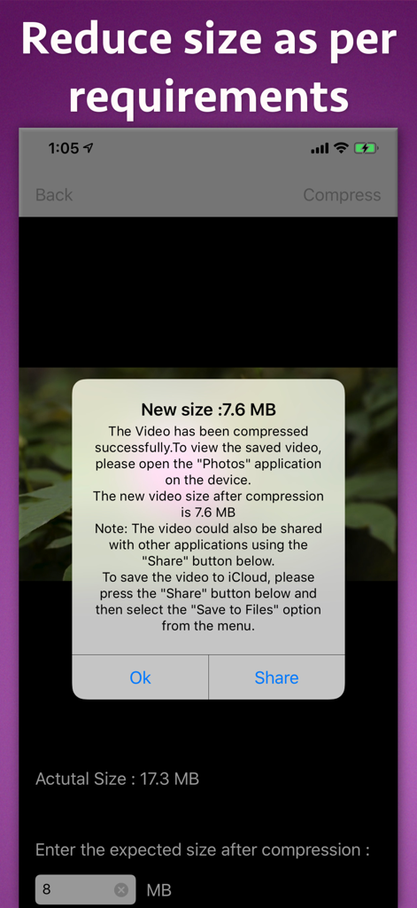 Video-Photo-Audio Compressor - Pantalla de smartphone mostrando una notificación de compresión de video exitosa con detalles de reducción de tamaño de archivo