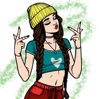 realistic teenage girl with braids and a beanie and crop top doing 🫶🏼