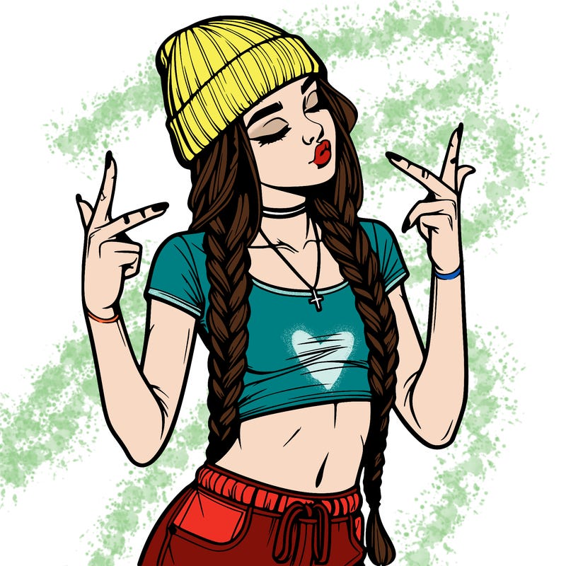 realistic teenage girl with braids and a beanie and crop top doing 🫶🏼